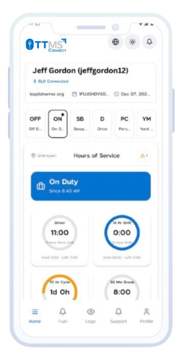 TTMS Connect ELD app screen